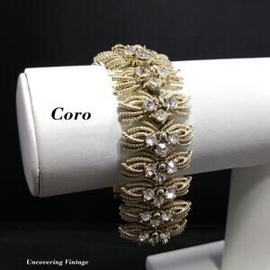 Coro Pegasus Clear Rhinestone Wide Bracelet, Gold Plated, 1950s Vintage Jewelry